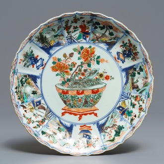 A Chinese famille verte dish with a jardinière, Kangxi