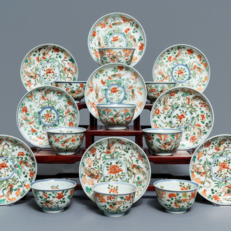 Nine Chinese famille verte cups and saucers, Kangxi