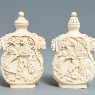 A pair of Chinese carved ivory snuff bottles, 19th C.