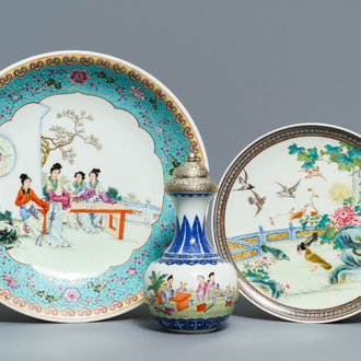 Two Chinese famille rose dishes and a silver-mounted vase, 19/20th C.