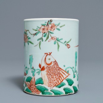 A Chinese famille verte 'carps' brush pot, Kangxi