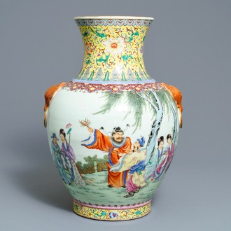 A large Chinese famille rose vase with figures in a landscape, Qianlong mark, 20th C.