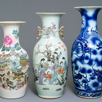 Trois vases en porcelaine de Chine bleu et blanc et qianjiang cai, 19/20ème