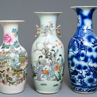 Three Chinese blue and white and qianjiang cai vases, 19/20th C.