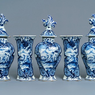 A Dutch Delft blue and white five-piece garniture with pastoral design, 18th C.