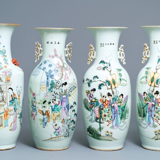 Une paire et deux vases individuels en porcelaine de Chine famille rose, 19/20ème