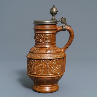 A pewter-mounted stoneware 'Kurfursten' jug, Raeren, dated 1603