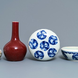 Two Chinese famille verte and sang de boeuf vases and a blue and white 'cranes' box, 19th C.