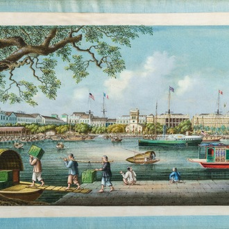Tingqua (Canton, ca. 1809-1870), studio: Une vue sur le port de Canton, gouache sur papier de riz, vers 1855