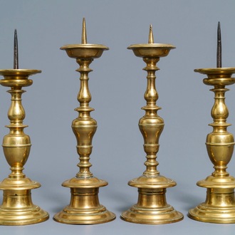 Two pairs of Dutch or Flemish bronze pricket candlesticks, 17th C.