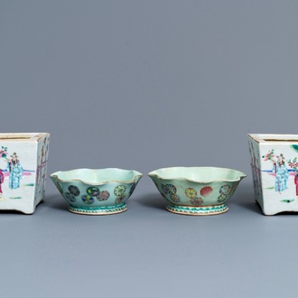 A pair of Chinese famille rose jardinières and two celadon bowls, 19th C.