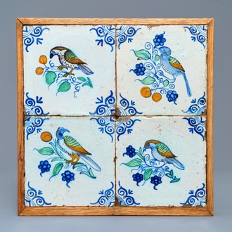 Vier polychrome Delftse tegels met vogels, 17e eeuw