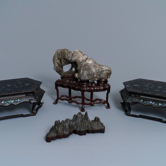 A pair of Chinese mother-of-pearl and lacquer stands and two scholar rocks, 19/20th C.