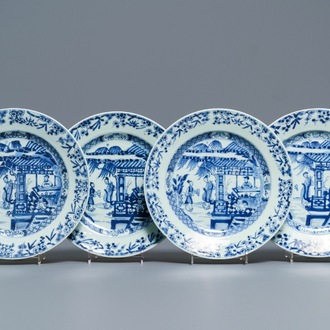 Quatre assiettes en porcelaine de Chine bleu et blanc à décor de 'La Romance de la chambre de l'ouest', Yongzheng