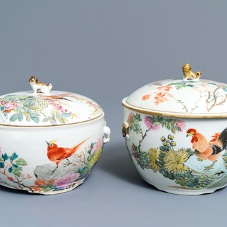 Two Chinese qianjiang cai covered bowls with birds, 19/20th C.