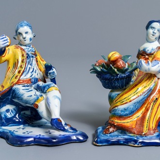 A pair of polychrome Dutch Delft allegorical figures, 18th C.