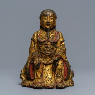 Une figure de Zhenwu en bronze doré et laqué, Chine, Ming