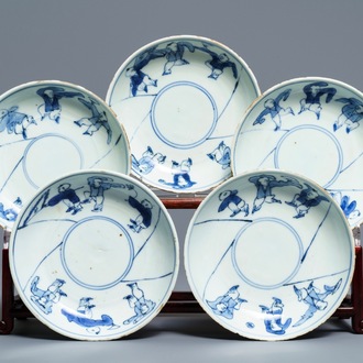 Five Chinese blue and white ko-sometsuke plates with playing boys, Tianqi
