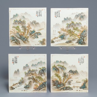 Four square Chinese qianjiang cai landscape plaques, 20th C.