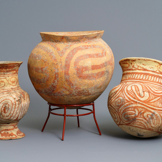 Drie beschilderde aardewerken vazen, Ban Chiang cultuur, Thailand, 600 - 300 v.C.