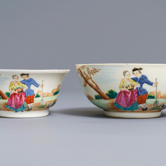 Deux bols en porcelaine de Chine famille rose à sujet européen, Qianlong