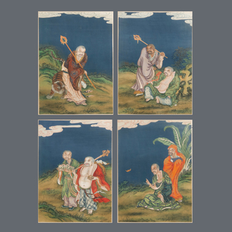 Quatre peintures chinoises d'immortels, encre et couleurs sur papier, 19ème
