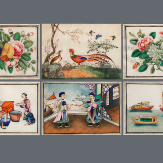 Six various framed Chinese rice paper paintings, Canton, 19th C.