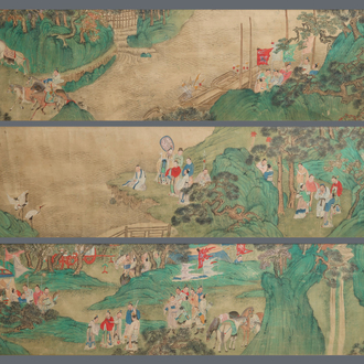 Trois peintures chinoises sur textile: 'Aux bords des rivières', 18/19ème