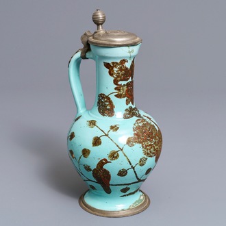 A German pewter-mounted turquoise ground ewer with birds among flowers, 17/18th C.