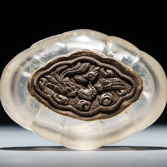 A Chinese rock crystal box and cover with silver plaque, 17/18th C.