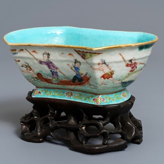 A Chinese famille rose ingot-shaped bowl on stand, Tongzhi mark and of the period