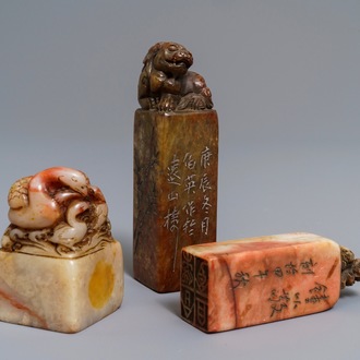 Three Chinese carved stone calligrapher's seals, 19/20th C.