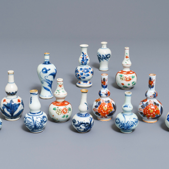 Thirteen Chinese blue and white and famille verte miniature vases, Kangxi and later