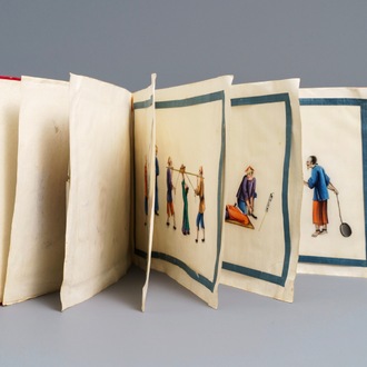 Un album de douze peintures sur papier de riz à décor de scènes de punition, Canton, Chine, 19ème