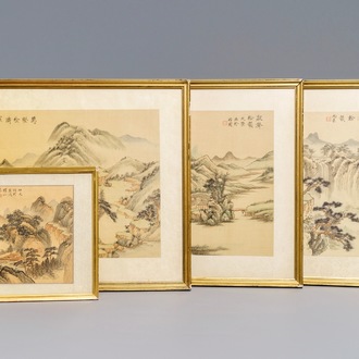 Four various framed Chinese mountainous landscape paintings, ink and color on silk, 20th C.