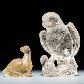 Deux modèles d'un aigle et d'un canard en cristal de roche, Chine, 19/20ème