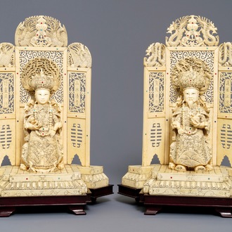 A pair of large Chinese inlaid ivory groups of the imperial couple, ca. 1900