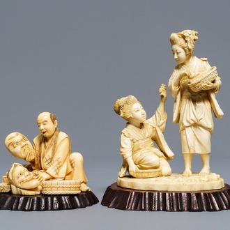 Two signed Japanese ivory okimono, Meiji, 19th C.