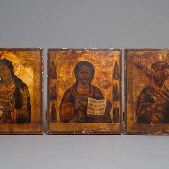 Three Russian icons: 'Mother of God', 'Pantocrator' and 'Saint-John the Baptist', 19th C.