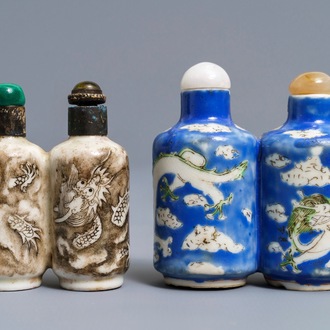 Two Chinese porcelain twin snuff bottles with dragons, 19th C.