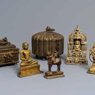 Four Indian Gujarat bronze votive figures and two covered boxes, 16th C. and later