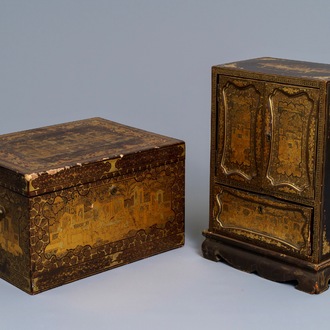 Un cabinet et une boîte de forme rectangulaire en laque doré, Canton, Chine, 19ème