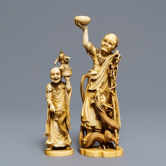 Two signed Japanese ivory okimono, Meiji, 19th C.