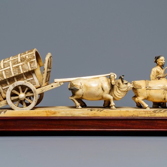 Un groupe en ivoire d'un chariot tiré par buffles, Chine, vers 1900