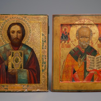 Two large Russian icons: 'Saint Nicholas of Myra' and 'Saint Paul', 18/19th C.