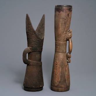 Two wooden drums, Asmat people, Papua New Guinea, 19/20th C.