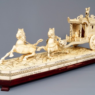 An exceptionally large Chinese carved ivory 'horse carriage' group, 19/20th C.