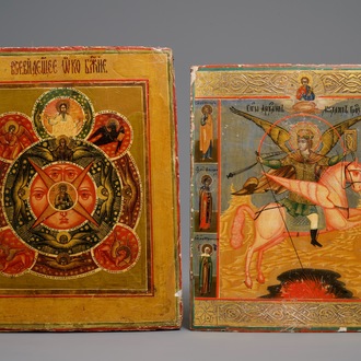 Twee Russische iconen: 'Sint-Michael' en 'Het Alziend Oog', 19e eeuw
