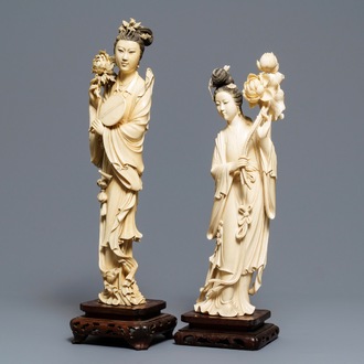 Deux grandes figures de femmes aux fleurs en ivoire, Chine, 19ème