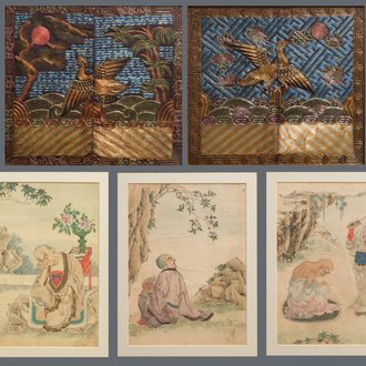 Trois peintures chinoises sur textile et une paire de badges de mandarin, Chine, 19ème